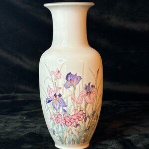 10.5" Ayame Seizan White Vase with Floral Pattern and Gilt Rim